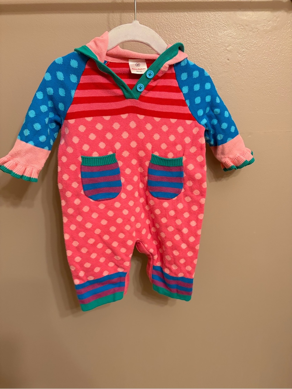 Vintage Y2K Hanna Andersson Mixed Print Polka Dot Hooded Romper